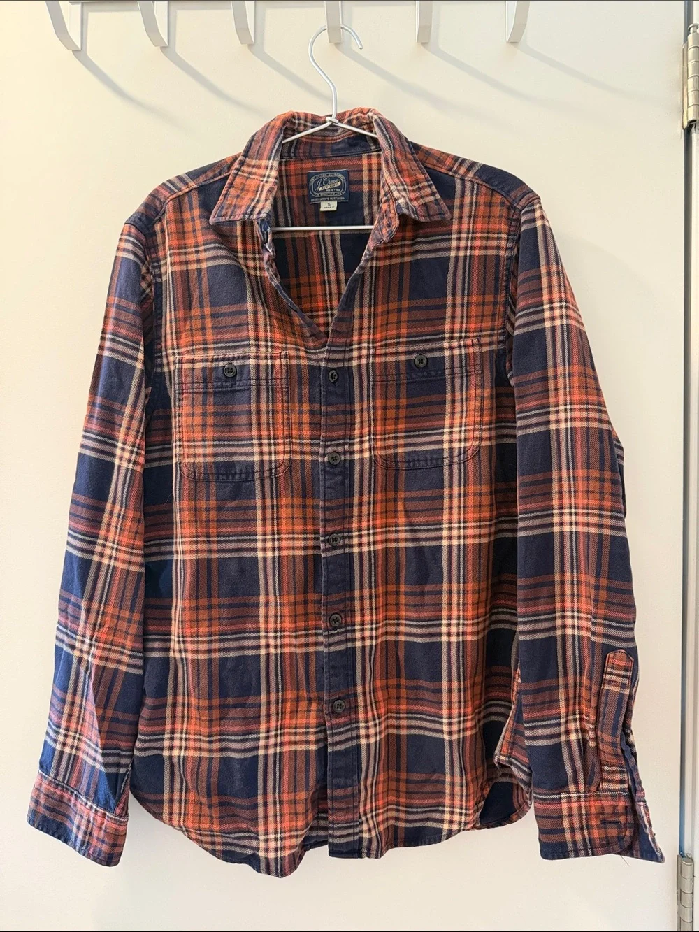 J. Crew Navy & Orange Plaid Long-Sleeve Flannel Shirt